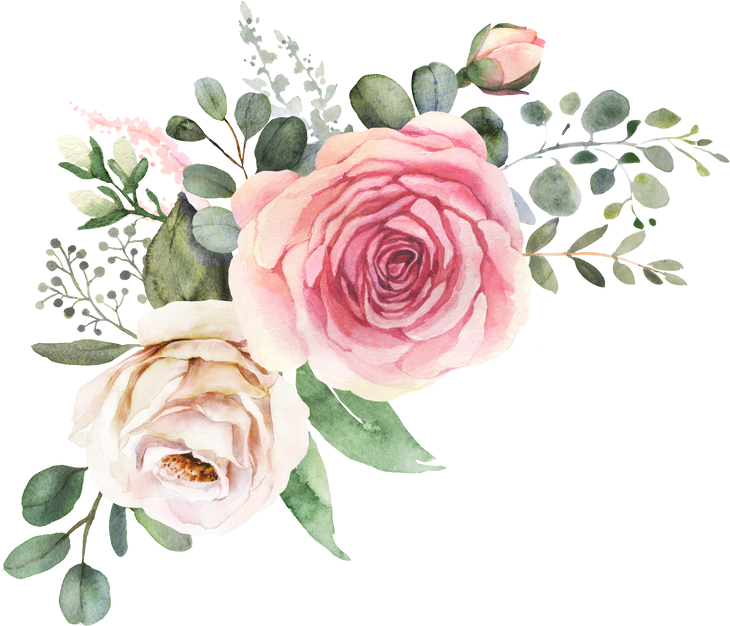 Watercolor Floral Bouquet Composition with Roses and Eucalyptus